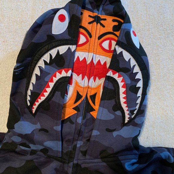 Bape BLUE Camo Tiger Shark Wide Full Zip Double Hood Hoodie LARGE Bathing Ape - Picture 4 of 16